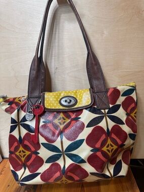 Fossil Floral Pattern Tote Bag with Brown Leather Handles - Yellow Accent